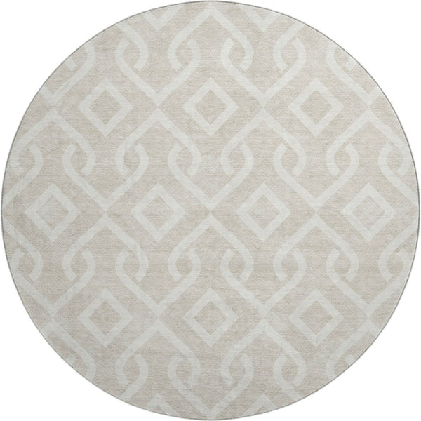 HomeRoots 8' Beige and Ivory Geometric Round Rug – Washable, UV Protected, Ideal for High-Traffic Spaces 652458