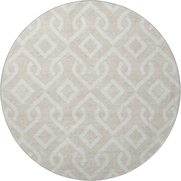 HomeRoots 8' Beige and Ivory Geometric Round Rug – Washable, UV Protected, Ideal for High-Traffic Spaces 652458