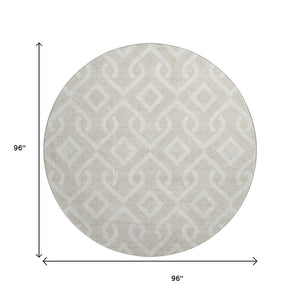 HomeRoots 8' Beige and Ivory Geometric Round Rug – Washable, UV Protected, Ideal for High-Traffic Spaces 652458