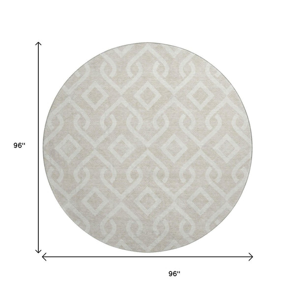 HomeRoots 8' Beige and Ivory Geometric Round Rug – Washable, UV Protected, Ideal for High-Traffic Spaces 652458