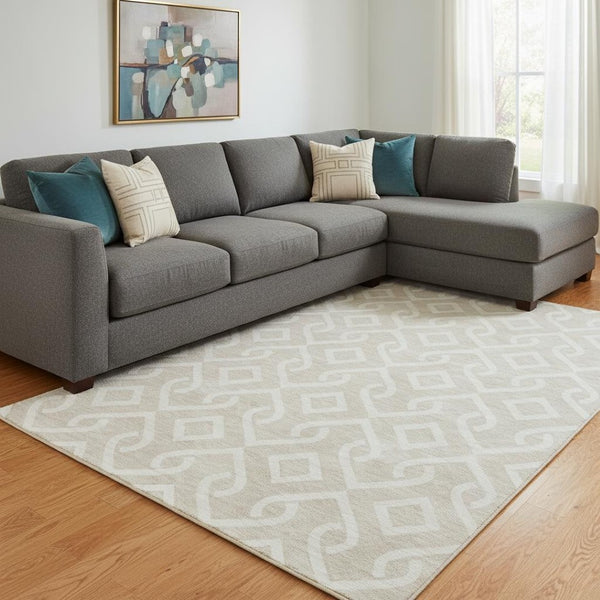 HomeRoots 9' X 12' Beige and Ivory Geometric Washable Area Rug - Stylish, Durable, Stain-Resistant, UV Protected! 652460