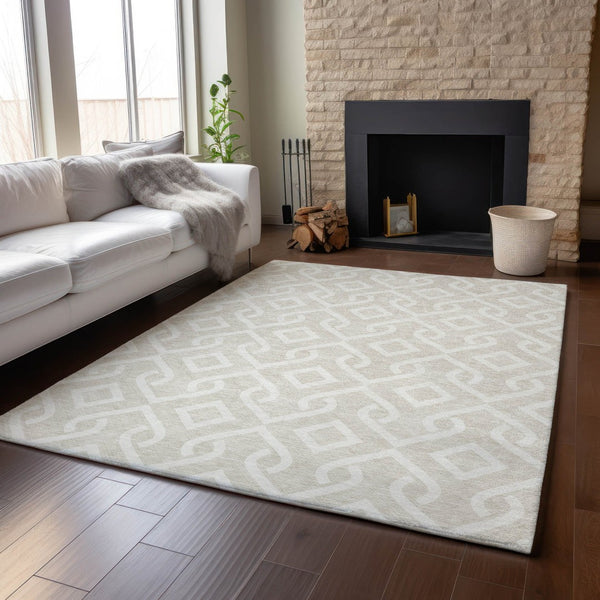 HomeRoots 9' X 12' Beige and Ivory Geometric Washable Area Rug - Stylish, Durable, Stain-Resistant, UV Protected! 652460