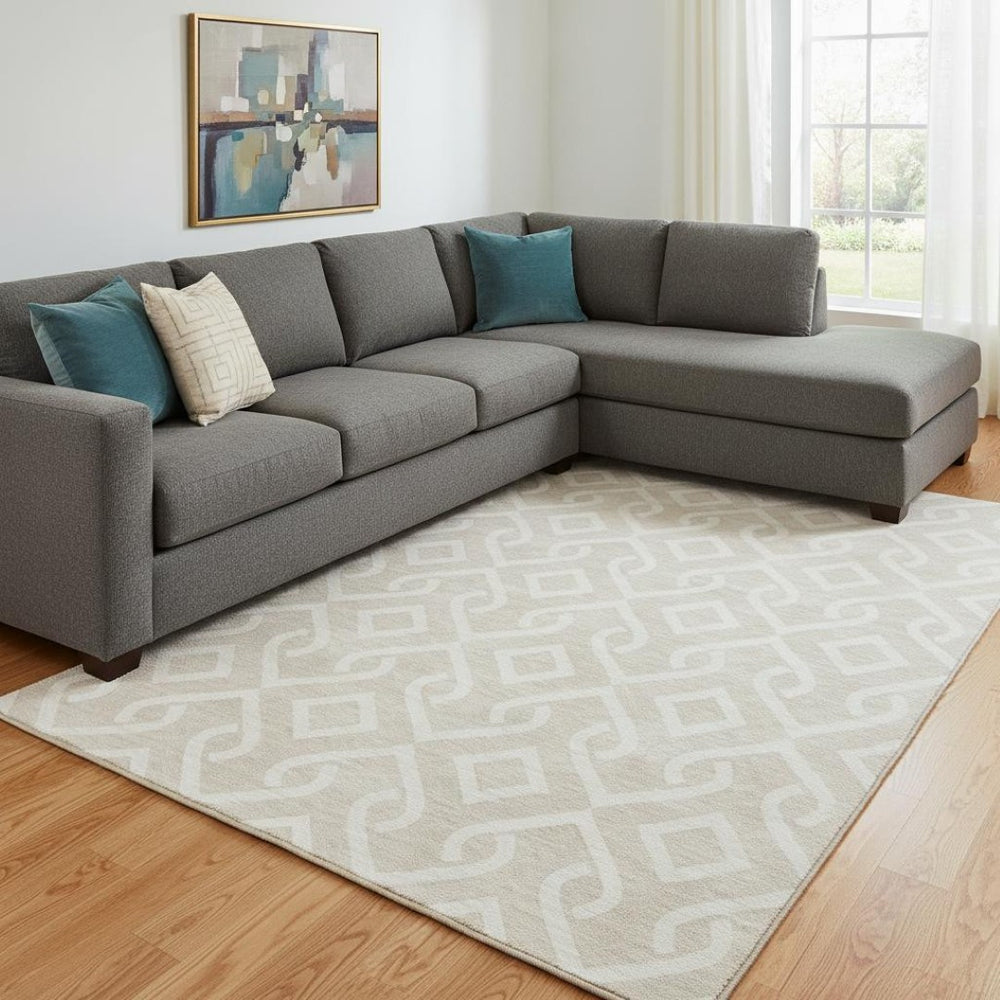 HomeRoots 10' X 14' Beige Geometric Washable Area Rug - Durable, UV-Protected, Stylish for High-Traffic Spaces 652461
