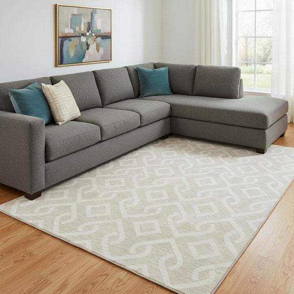 HomeRoots 10' X 14' Beige Geometric Washable Area Rug - Durable, UV-Protected, Stylish for High-Traffic Spaces 652461