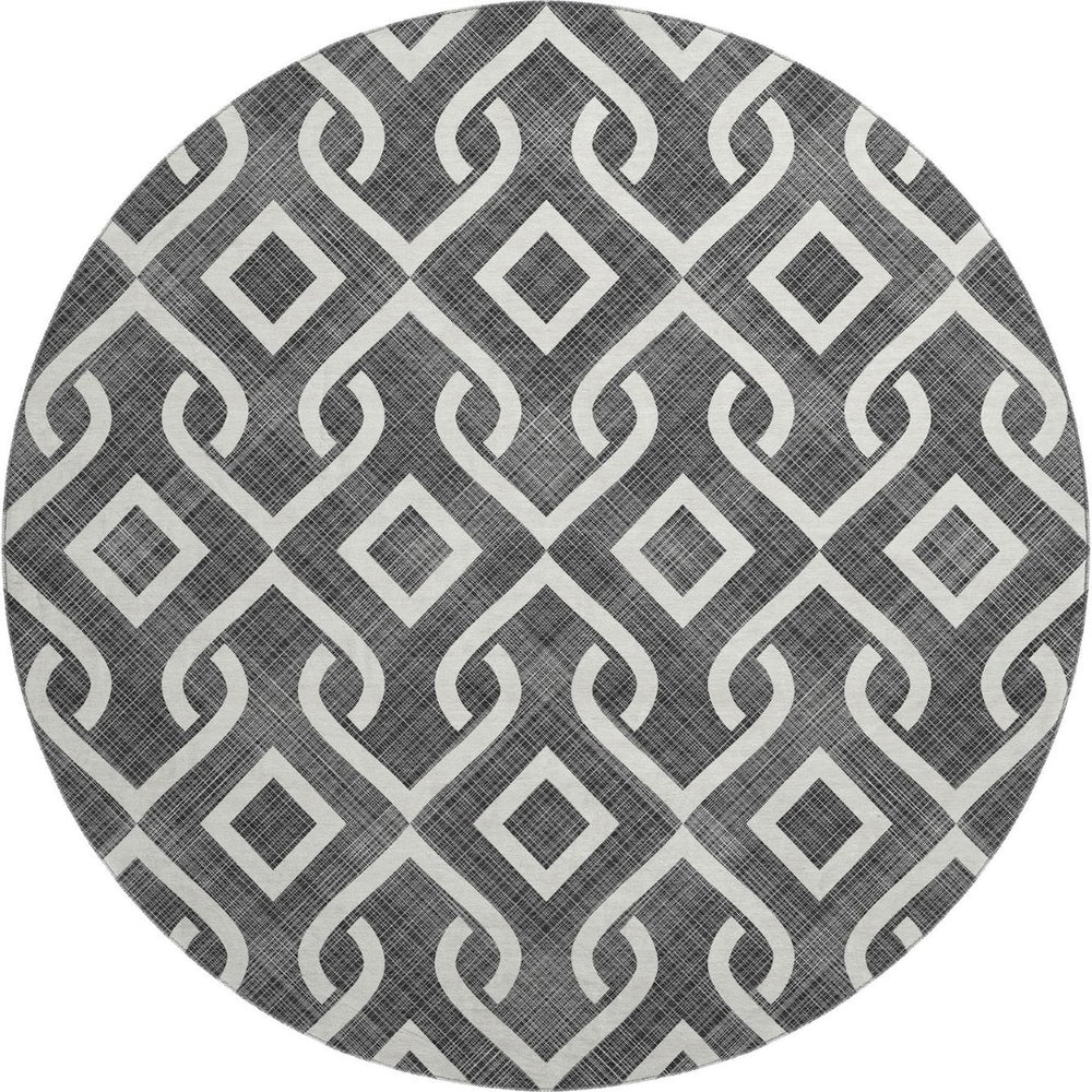 HomeRoots 8' Modern Black and Ivory Geometric Washable Round Rug with UV Protection for Family Homes 652464