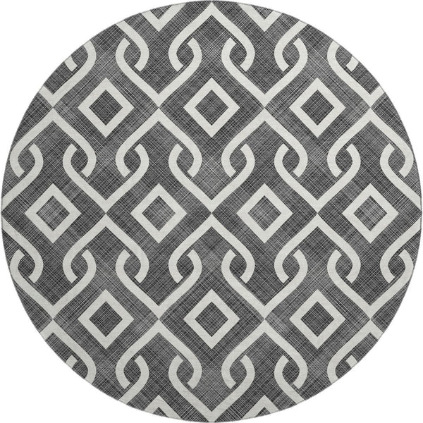 HomeRoots 8' Modern Black and Ivory Geometric Washable Round Rug with UV Protection for Family Homes 652464