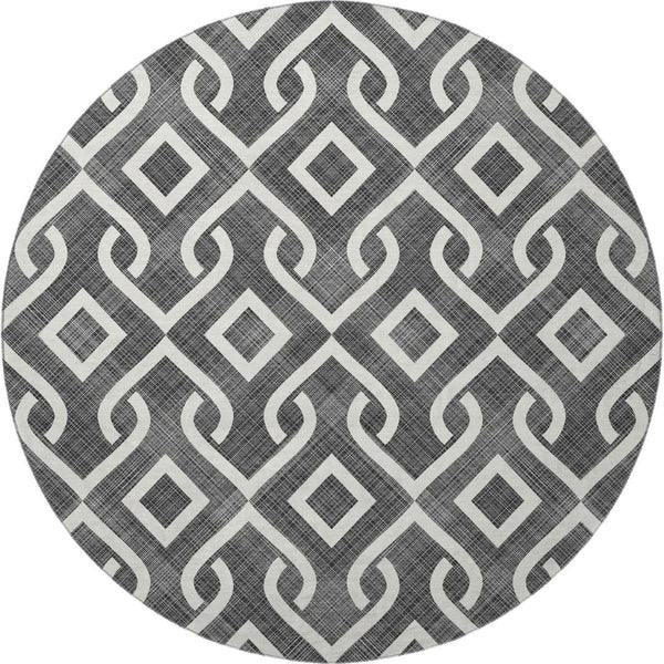 HomeRoots 8' Modern Black and Ivory Geometric Washable Round Rug with UV Protection for Family Homes 652464
