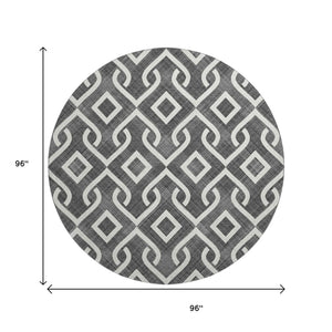 HomeRoots 8' Modern Black and Ivory Geometric Washable Round Rug with UV Protection for Family Homes 652464