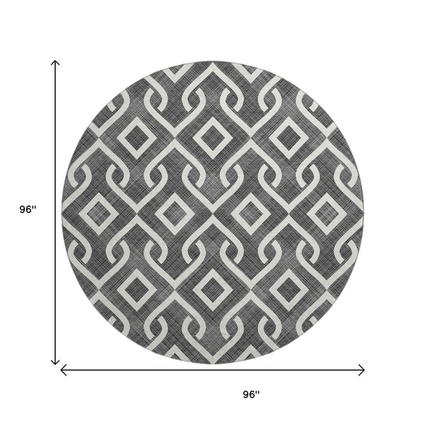 HomeRoots 8' Modern Black and Ivory Geometric Washable Round Rug with UV Protection for Family Homes 652464