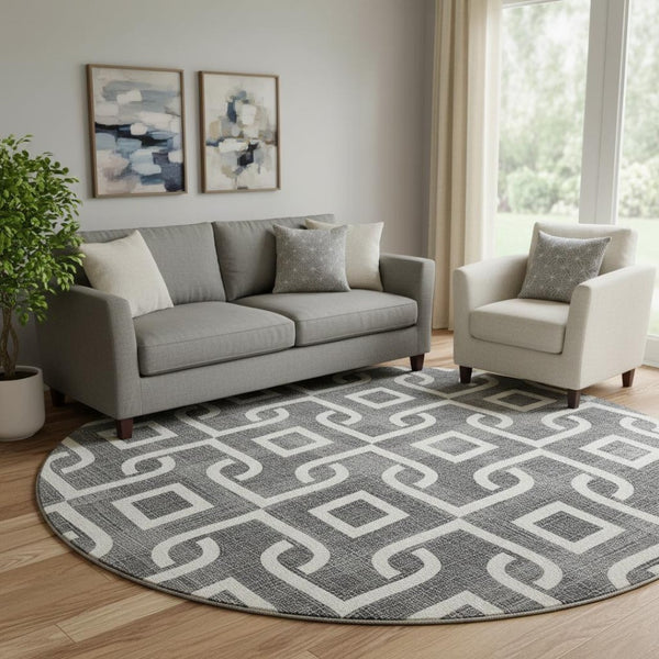 HomeRoots 8' Modern Black and Ivory Geometric Washable Round Rug with UV Protection for Family Homes 652464