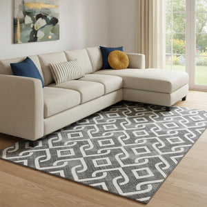 HomeRoots 9' X 12' Modern Black & Ivory Geometric Area Rug – Washable, UV Protected, Stain Resistant, Durable Design 652466