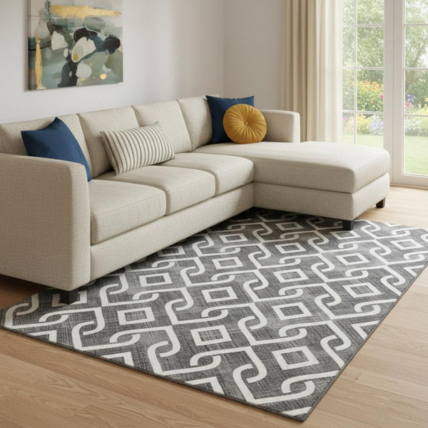 HomeRoots 9' X 12' Modern Black & Ivory Geometric Area Rug – Washable, UV Protected, Stain Resistant, Durable Design 652466
