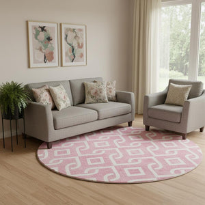 HomeRoots 8' Modern Blush & Ivory Geometric Washable Round Rug - Durable, UV-Protected, Perfect for Any Space! 652470