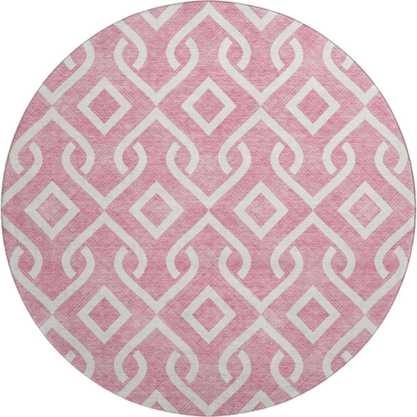 HomeRoots 8' Modern Blush & Ivory Geometric Washable Round Rug - Durable, UV-Protected, Perfect for Any Space! 652470