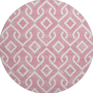 HomeRoots 8' Modern Blush & Ivory Geometric Washable Round Rug - Durable, UV-Protected, Perfect for Any Space! 652470