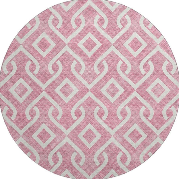 HomeRoots 8' Modern Blush & Ivory Geometric Washable Round Rug - Durable, UV-Protected, Perfect for Any Space! 652470