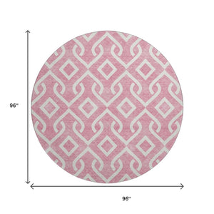 HomeRoots 8' Modern Blush & Ivory Geometric Washable Round Rug - Durable, UV-Protected, Perfect for Any Space! 652470