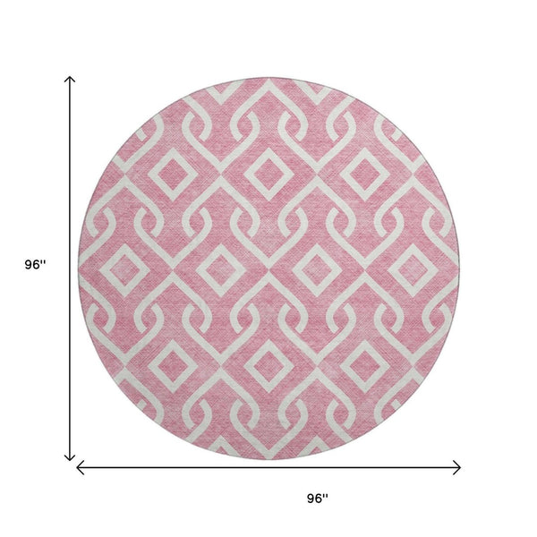 HomeRoots 8' Modern Blush & Ivory Geometric Washable Round Rug - Durable, UV-Protected, Perfect for Any Space! 652470