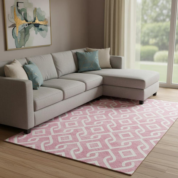 HomeRoots 8' X 10' Washable Blush & Ivory Geometric Area Rug - Soft, Durable, UV-Protected for Everyday Living 652471