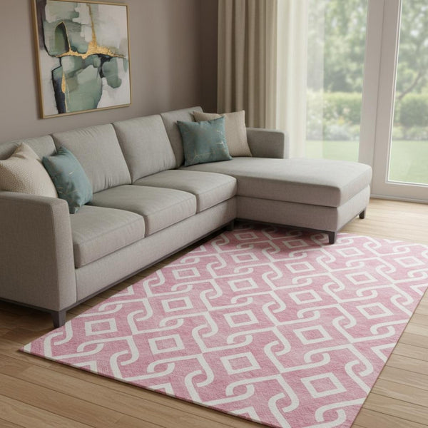 HomeRoots 10' X 14' Blush & Ivory Geometric Washable Area Rug with UV Protection for Stylish Home Decor 652473