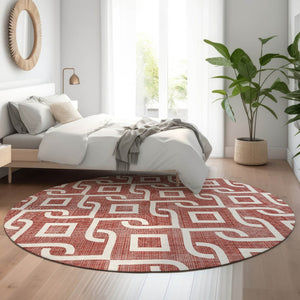HomeRoots 8' Burgundy and Ivory Geometric Round Rug - Washable, UV-Protected, Stylish for Homes with Kids & Pets 652476