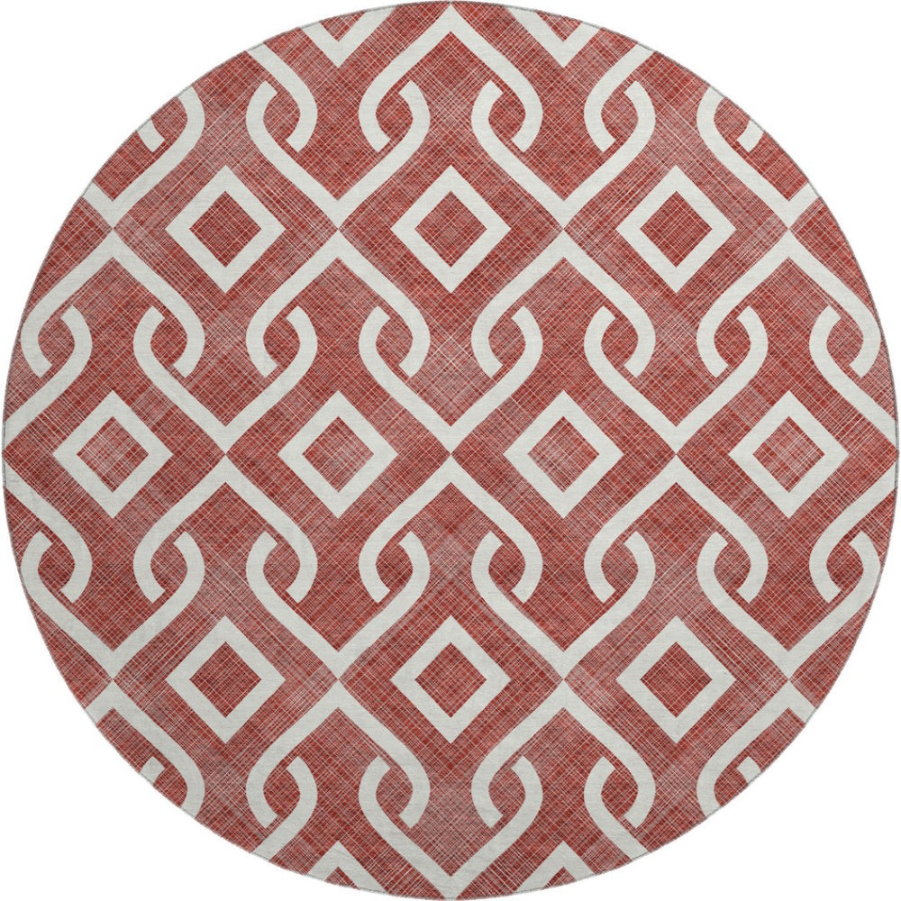 HomeRoots 8' Burgundy and Ivory Geometric Round Rug - Washable, UV-Protected, Stylish for Homes with Kids & Pets 652476