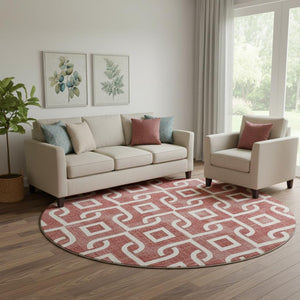 HomeRoots 8' Burgundy and Ivory Geometric Round Rug - Washable, UV-Protected, Stylish for Homes with Kids & Pets 652476