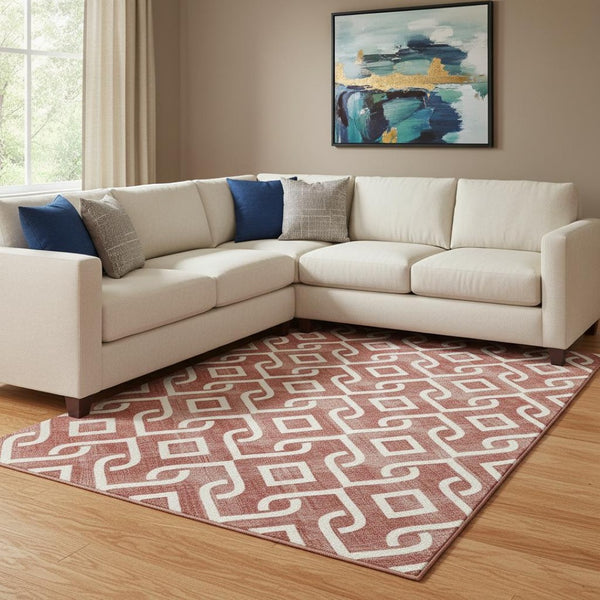 HomeRoots 8' X 10' Burgundy & Ivory Geometric Washable Area Rug – UV Protected, Stain Resistant, Modern Style 652477