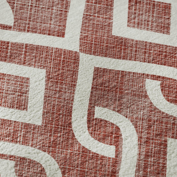 HomeRoots 9' X 12' Burgundy and Ivory Geometric Area Rug – Durable, Washable, UV-Protected for Modern Homes 652478