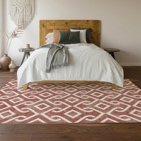 HomeRoots 9' X 12' Burgundy and Ivory Geometric Area Rug – Durable, Washable, UV-Protected for Modern Homes 652478