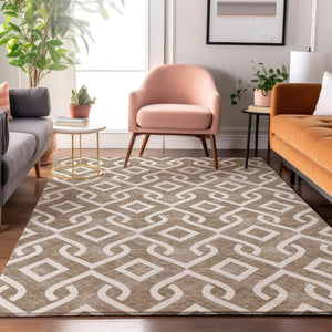 HomeRoots 5' X 8' Brown and Ivory Geometric Area Rug – Durable, Stain-Resistant, UV Protected for Modern Spaces 652481