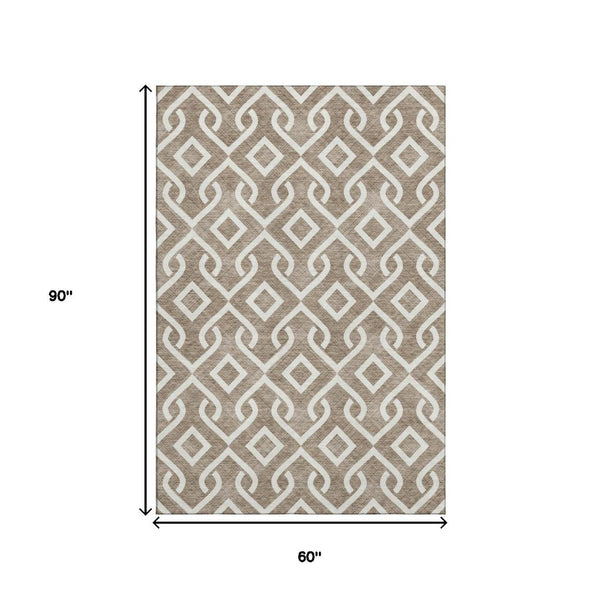 HomeRoots 5' X 8' Brown and Ivory Geometric Area Rug – Durable, Stain-Resistant, UV Protected for Modern Spaces 652481