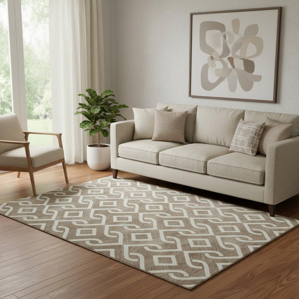 HomeRoots 5' X 8' Brown and Ivory Geometric Area Rug – Durable, Stain-Resistant, UV Protected for Modern Spaces 652481