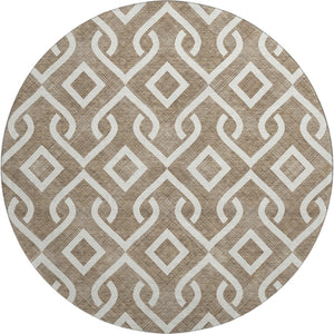 HomeRoots 8' Brown and Ivory Geometric Round Rug – Stylish, Washable, UV-Protected, Durable for Busy Homes! 652482