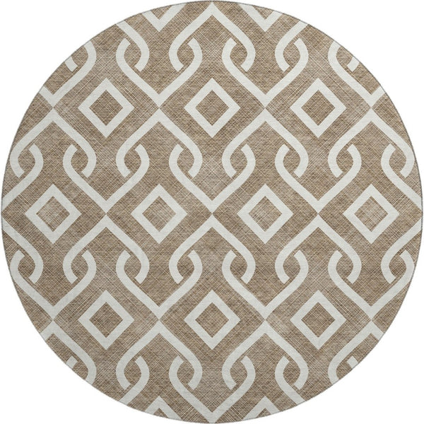 HomeRoots 8' Brown and Ivory Geometric Round Rug – Stylish, Washable, UV-Protected, Durable for Busy Homes! 652482