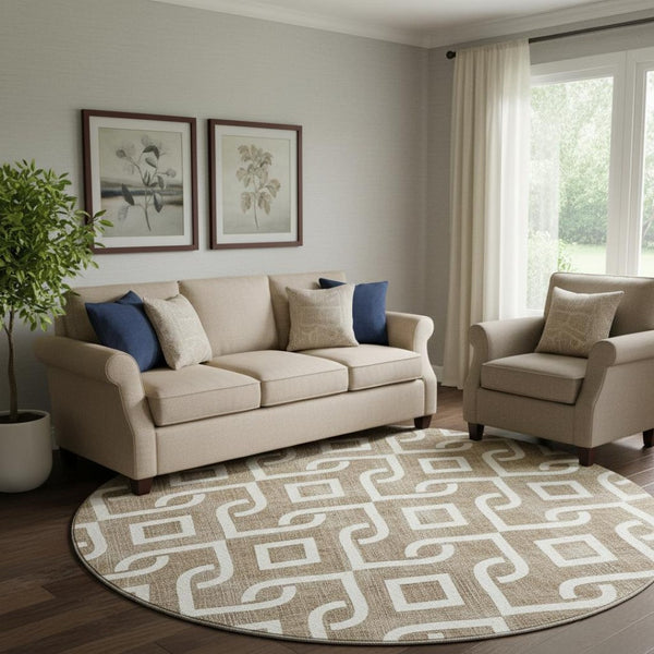 HomeRoots 8' Brown and Ivory Geometric Round Rug – Stylish, Washable, UV-Protected, Durable for Busy Homes! 652482