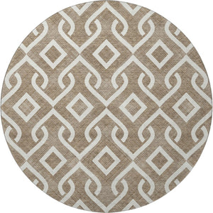 HomeRoots 8' Brown and Ivory Geometric Round Rug – Stylish, Washable, UV-Protected, Durable for Busy Homes! 652482