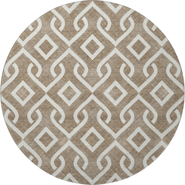 HomeRoots 8' Brown and Ivory Geometric Round Rug – Stylish, Washable, UV-Protected, Durable for Busy Homes! 652482