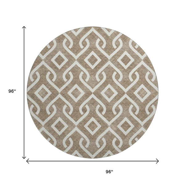 HomeRoots 8' Brown and Ivory Geometric Round Rug – Stylish, Washable, UV-Protected, Durable for Busy Homes! 652482