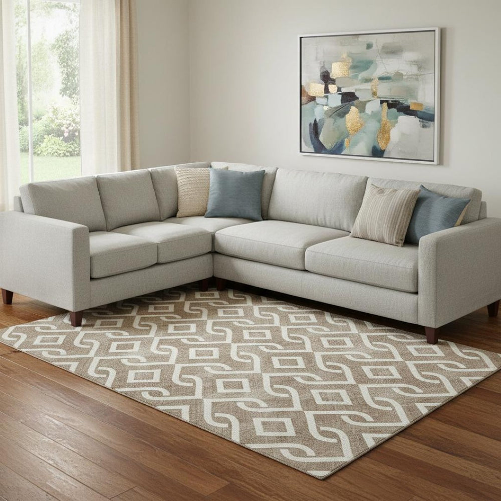 HomeRoots 8' X 10' Brown And Ivory Geometric Area Rug - Washable, UV Protected, Durable for High-Traffic Spaces 652483