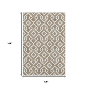 HomeRoots 9' X 12' Brown and Ivory Geometric Area Rug - Washable, UV-Protected, Durable for High-Traffic Homes 652484