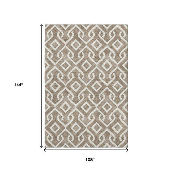 HomeRoots 9' X 12' Brown and Ivory Geometric Area Rug - Washable, UV-Protected, Durable for High-Traffic Homes 652484