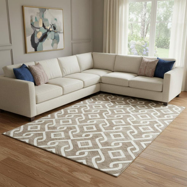 HomeRoots 10' X 14' Brown & Ivory Geometric Washable Area Rug - Durable, UV-Protected, Perfect for Busy Homes 652485