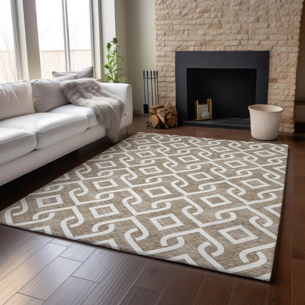 HomeRoots 10' X 14' Brown & Ivory Geometric Washable Area Rug - Durable, UV-Protected, Perfect for Busy Homes 652485