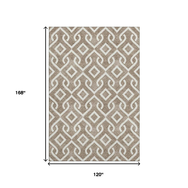 HomeRoots 10' X 14' Brown & Ivory Geometric Washable Area Rug - Durable, UV-Protected, Perfect for Busy Homes 652485