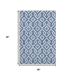 HomeRoots 5' X 8' Blue and Ivory Geometric Area Rug - Washable, UV Protected, Durable for Homes with Kids & Pets! 652487