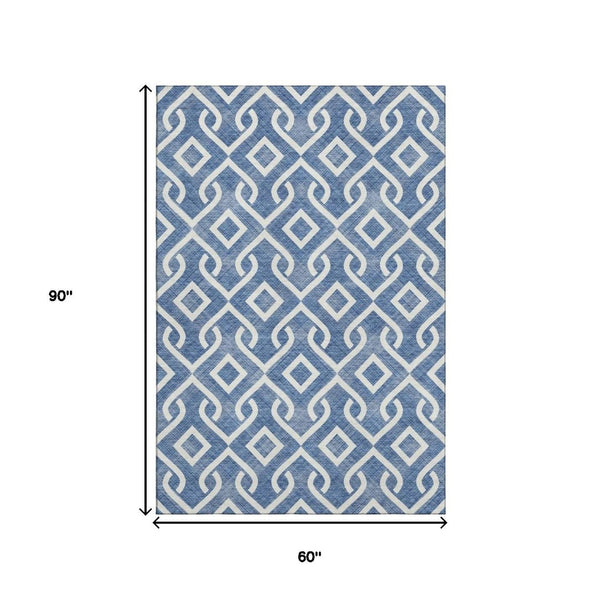 HomeRoots 5' X 8' Blue and Ivory Geometric Area Rug - Washable, UV Protected, Durable for Homes with Kids & Pets! 652487