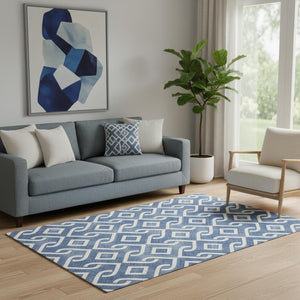 HomeRoots 5' X 8' Blue and Ivory Geometric Area Rug - Washable, UV Protected, Durable for Homes with Kids & Pets! 652487