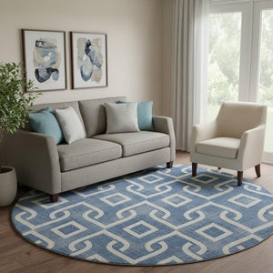 HomeRoots 8' Blue And Ivory Geometric Washable Round Rug – Durable, UV-Protected, Ideal for Busy Homes! 652488
