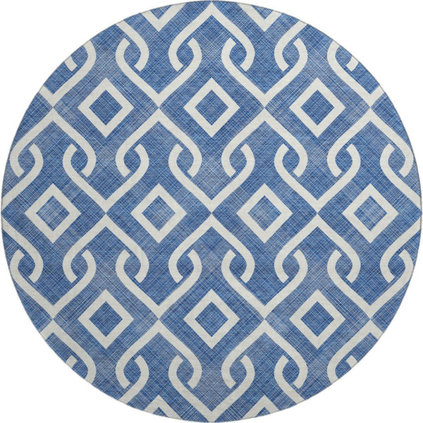 HomeRoots 8' Blue And Ivory Geometric Washable Round Rug – Durable, UV-Protected, Ideal for Busy Homes! 652488